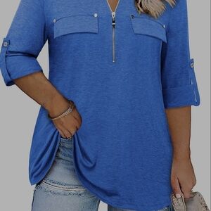 Siddhe Women 3/4 Sleeve Plus Size Tunic Zip Front V-Neck Tops Casual Loose Fit